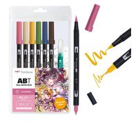Tombow ABT Dual Brush Pen Set Manga Watercolour Flower, Set of 6 ABT + Water Reservoir Brush, Colouring Templates & Video Tutorial [ABT-6P-MANGA-FLOWER], Blue