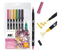 Tombow ABT Dual Brush Pen Set Manga Watercolour Flower, Set of 6 ABT + Water Reservoir Brush, Colouring Templates & Video Tutorial [ABT-6P-MANGA-FLOWER], Blue