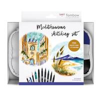 Tombow Mediterrane Drawing Set for Urban Sketching - MONO Pen Case Including 100 Pencil, Fineliner, ABT Dual Brush Pen, Water Tank Brush