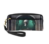 TombstoneTerrors Print Leather Small Makeup Bag - Travel Toiletry Bag for Women, Reusable Cosmetic Pouch with Zipper