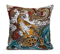 Tomda Chinese Dragon and Tiger in The Landscape with Waterfall Cotton Linen Cushion Cover Throw Pillow Case Home Office Decorative for Sofa Living Room Square 45x45cm 18x18 Inches