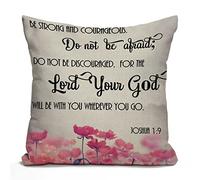Tomda Christian Bible Verses Scripture Quotes Joshua-1-9 Pink Flowers Farmhouse Cushion Cover 45x45cm 18x18 Inch Home Decor Cotton Linen Throw Pillow Case Pillow Cover for Sofa Couch