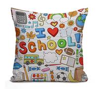 Tomda Cushion Cover Brown Teacher I Love School Classroom Supplies Doodles Design on Lined Sketchbook Lunch Science Throw Pillow Cover 45x45cm 18x18 Inch Square Hidden Zipper Decorative Pillowcase