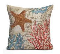 Tomda Cushion Cover Map Fish Colorful Caribbean Starfish and Coral Ocean Decorative Throw Pillow Cover Home Decor Square 45x45cm 18x18 Inch Pillowcase