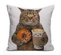 Tomda Cushion Cover The Cat Holds a Cup of Coffee and Orange Glazed Donut Cotton Linen Square Throw Pillow Case Standard Pillowcase for Men Women Home Decorative Sofa Armchair Livingroom 45x45cm