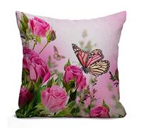 Tomda Flower Decor Butterfly Fliying on The Pink Rose Cotton Linen Square Throw Waist Pillow Case Decorative Cushion Cover Pillowcase Sofa 45x45cm 18x18 Inch