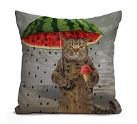Tomda Funny Animal Cat Cushion Cover The Cute cat is Holding an Umbrella in one paw and Fruit ice Cream in Other Decorative Pillow Case Cotton Linen Throw Pillow Cover Decor 45x45cm 18x18 Inch