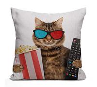 Tomda Funny Cat in The 3D Glasses with Popcorn Basket Cotton Burlap Linen Cushion Cover Throw Pillow Case Sofa Outdoor Decorative Square 45x45cm 18x18 Inch