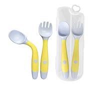 Tomedeks 2pcs Infant Feeding Training Spoon and Fork Cutlery,Baby Utensils Spoon and Fork Set,Children Easy to Hold, Heat-Resistant and Flexible Learning Spoon and Fork（Yellow) (Yellow)