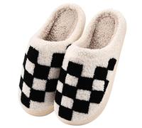 TOMEEK Christmas Slippers Women Men Soft Plush Fluffy Slipper Lightweight House Slippers Moose Cookie Man Santa Claus Cozy Slipper for Gifts(Checkboard,7.5-8)