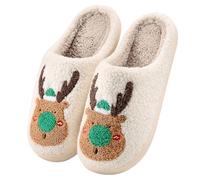 TOMEEK Christmas Slippers Women Men Soft Plush Fluffy Slipper Lightweight House Slippers Moose Cookie Man Santa Claus Cozy Slipper for Gifts(Green Moose,5-6)