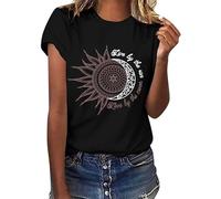 TOMEEK Women's T-Shirts Short Sleeve Ladies Tops Summer Crew Neck Basic Tops Graphic Print Tee Shirts Casual Black Tshirt,Sun and Moon,M