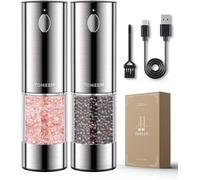 TOMEEM Electric Salt and Pepper Grinder Set, USB Rechargeable Salt and Pepper Grinder Set| Made of Stainless Steel | Adjustable Ceramic Grinder | LED Light