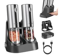 Tomentific Electric Salt and Pepper Grinder Set , Automatic Pepper Mills with Easy-to-Carry Dual Charging Station and Adjustable Coarseness, One Hand Operation with LED Light, Stainless Steel (2 Pack)