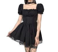TOMETO STAR Goth Square Neck Dress Puff Short Sleeves Lace-Up A Line Black Gothic Punk Smocked Mini Dresses, Black Puff Short Sleeves Lace-up a Line, M