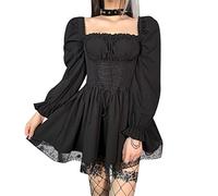 TOMETO STAR Gothic Black Smocked Dress Puff Long Sleeve Square Neck Lace-Up Mall Goth Backless A-Line Punk Mini Dresses, Gothic Black Smocked Dress Puff Long Sleeve, L