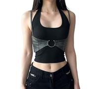 TOMETO STAR Punk Rock Crop Tank Tops Women Goth Leather Halter Sleeveless Backless Y2k Harajuku Emo, Black, M