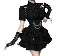 TOMETO STAR Women Punk Tiered Mini Braces Skirt - Gothic Ruffled Buckle A Line Cross Hippie Style, Casual Dance, Black, S