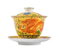 TOMETURE Ceramic Chinese Gaiwan Tea Cup Set with Lid and Saucer, Yellow Dragon Enamel Color Porcelain Teaware for Gongfu Tea Ceremony at Home