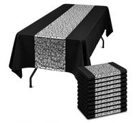 Tomeurperf 10 Pack Black Tablecloths with Laser Sparkle Diamond Geometric Table Runners, Spliced Polyester Rectangular Table Covers with Silver Table Runners, 60 x 102 Inches Table Decor, Silver