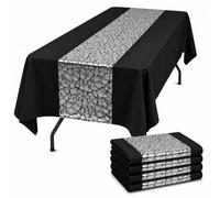 Tomeurperf 4 Pack Black Tablecloths with Laser Sparkle Diamond Geometric Table Runners, Spliced Polyester Rectangular Table Covers with Silver Table Runners, 60 x 102 Inches Table Decor, Silver