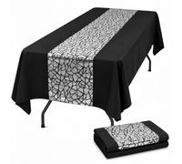Tomeurperf Black Tablecloths with Laser Sparkle Diamond Geometric Table Runners, Spliced Polyester Rectangular Table Covers with Silver Table Runners, 60 x 102 Inches Table Decor, Silver