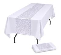 Tomeurperf White Tablecloths with Laser Sparkle Diamond Geometric Table Runners, Spliced Polyester Rectangular Table Covers with Lavender Table Runners, 60 x 102 Inches Table Decor, Lavender