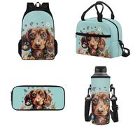 Tomeusey 4 Pcs Backpack Set for Girls, Large Double Zipper School Bag Book Bag with Leakproof Lunch Box Pencil Bag Water Bottle Carrier for School and Daycare, Dachshund Colorful Floral
