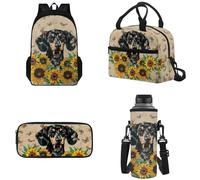 Tomeusey 4 pcs Kids Backpack Set, School Supplies Include School Bags Book Bag with Insulated Lunch Bag Kit Pen Bags Water Bottle Sleeve Set for Kids Teens Boys Girls, Dachshund Sunflower