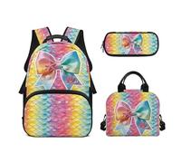 Tomeusey Backpack 3 Pcs Set for Kids Lightweight Elementary School Bags 3 in 1 School Backpack Mermaid Scale Bow Bookbag Set with Lunch Bag and Pencil Bag
