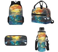 Tomeusey Backpack Set Students Schoolbag of Reusable Lunch Bag Pencil Bag Water Bottle Sling for School, Sea Turtle Print Double Zipper Bookbag Elementary Middle School Rucksack