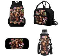 Tomeusey Kids School Backpack for Girls with Water Bottle Carrier Insulated Lunch Box Pencil Case for Kids, Dachshund Floral Kids School Bag Bookbag for Preschool Kindergarten Elementary