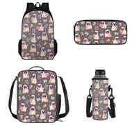 Tomeusey Love Pug Backpack for School, Portable Kids School Bag with Leakproof Lunch Box Pencil Box Water Bottle Bag for Kindergarten, Primary School, Middle School