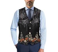 Tomeusey Men's Skeleton Spiderweb Waistcoats V Neck Four Button Casual Suit Vest with Adjustable Back Straps Halloween Costumes for Formal & Informal Occasions