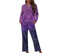 Tomeusey Tree Shadow Bat Star Womens Pajamas 2 Pcs Nightwear Pj Set,Halloween Decor,Soft Loungewear Home Outfit Set Include Shirt & Long Pants,XS-4XL