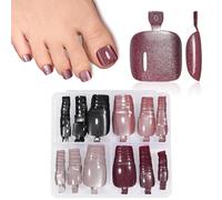 TOMICCA 120 Pcs Cat Eye Press On Toenails, 15 Sizes Full Cover False Toenails with 4 Styles (Black/Coffee/Burgundy/Pink Brown) - Magnetic Glitter Stick on Toenails for Women, DIY Home Manicure Kit