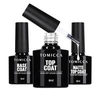 TOMICCA Gel Nail Polish Set, 3Pcs Base Coat No Wipe Top Coat & Matte Top Coat Set, Soak Off UV LED Gel Nail Varnish, Long Lasting Gloss Shiny 8ml