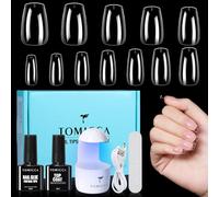 TOMICCA Nail Tips and Glue Gel Kit, Nail Extension Kit 4 In 1 Nail Glue & Top Coat, Soft Square Full Cover Nails Tip and UV LED Lamp, Acrylic Nails for Gel Art Polish DIY Manicure