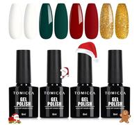 TOMICCA Semi-Permanent UV Gel Polish Set, Red White Green Gold Glitter Set, 4 Colours UV/LED Christmas Set for Nail Studio Design and DIY at Home, 8ml