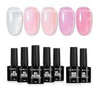 TOMICCA Shimmer Gel Nail Polish Set 7 PCS Nude Pink Milky White Shimmer Jelly Gel Polish Starter Kit with No Wipe Top and Base Coat Soak Off UV DIY Home Manicure Kit Gift for Women Girls