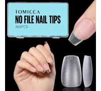 TOMICCA Short Coffin No File Nail Tips- Soft Gel Full Cover 360PCS Matte Clear False Acrylic Nail Gel Tips Kit for Soak Off Nail Extensions Kit, 15 Sizes