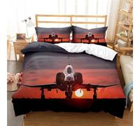Tomifine Fighter Duvet Cover set 3D Print Airplane Bedding set Microfiber with Zipper with Pillowcase (Single 135 x 200 cm,Red)