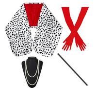 TOMIGO 4 Pieces Black White Stole for Halloween Women Cosplay Costume Set | 1920s Long Red Gloves, Costume Holder and Necklace, Super Long Stone 80 Inches in length