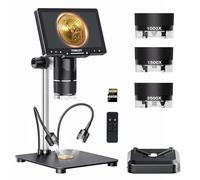 TOMLOV TriL107 3-Lens Digital Microscope: 7" 2K IPS HDMI 2500X Coin Magnifier for Whole Coin View with 14 LED Lights, 12.6" Stand Soldering Microscope for Adults, Real-Time Display on PC/TV, 64GB Card