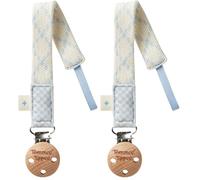 Tommee Tippee Comforter Clip, 0+ Months, 2 Pack, Organic Cotton, Compatible with Any Soother, Loop-on Design, Natural Beech Wood and Stainless Steel Soother Clip, Blue