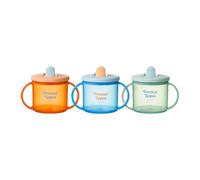 Tommee Tippee First Cup, 190ml, Non-Spill Sippy Cup for Babies 4 Months+, with Free-Flow Flip-Down Spout and Easy to Hold Handles, Orange, Blue and Green, 3 Pack