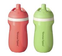 Tommee Tippee Insulated 9oz Sporty Spout Toddler Water Bottle, No Spill, Sippy Cups for Toddlers 1-3, Two-Piece Valve Helps Stop Spills, Green & Red, BPA Free, Pack of 2