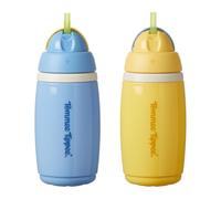 Tommee Tippee Insulated Active Straw Cup, 266ml, Spill-Proof Toddler Water Bottle for 12 Months+, Flip Lid Helps Keep Straw Clean, Blue and Yellow, 2 Pack