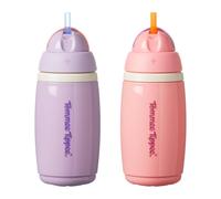 Tommee Tippee Insulated Active Straw Cup, 266ml, Spill-Proof Toddler Water Bottle for 12 Months+, Flip Lid Helps Keep Straw Clean, Pink and Purple, 2 Pack