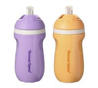 Tommee Tippee Insulated Sporty Spill-Proof Straw Cup, 12 Months+, 9oz, Toddler Training Sippy Cup, Sporty Carry Handle, Bite Resistant Spout, Flip Lid Keeps Straw Clean, Pack of 2, Purple and Orange